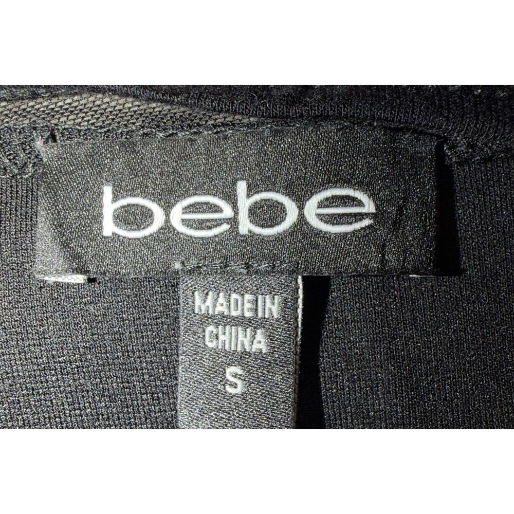 Bebe Black & White geometric pattern bodycon dress featuring sheer mesh Small - Picture 6 of 7